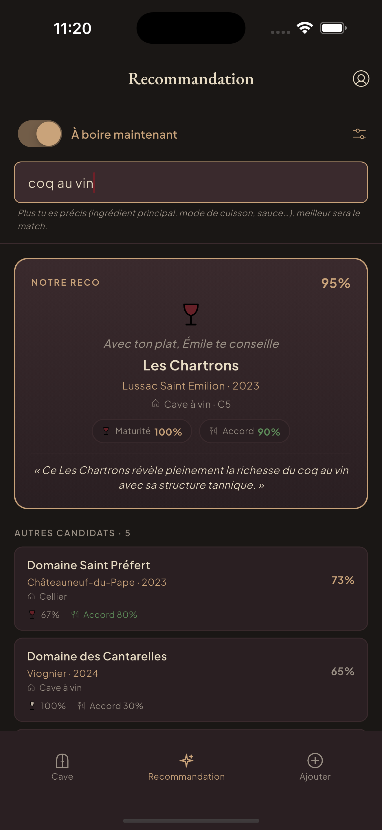 Émile recommande Les Chartrons 2023 pour accompagner un coq au vin
