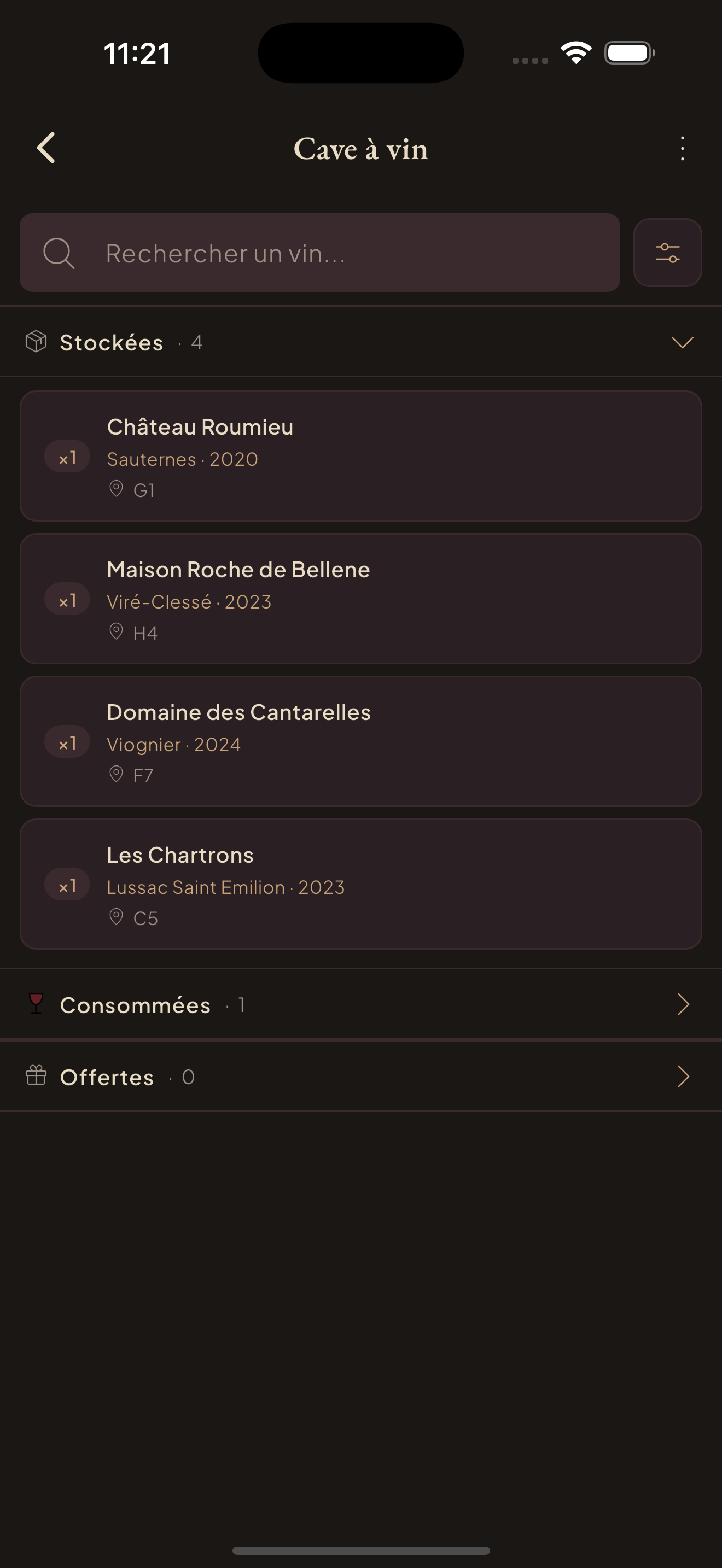 Liste des bouteilles de la cave principale