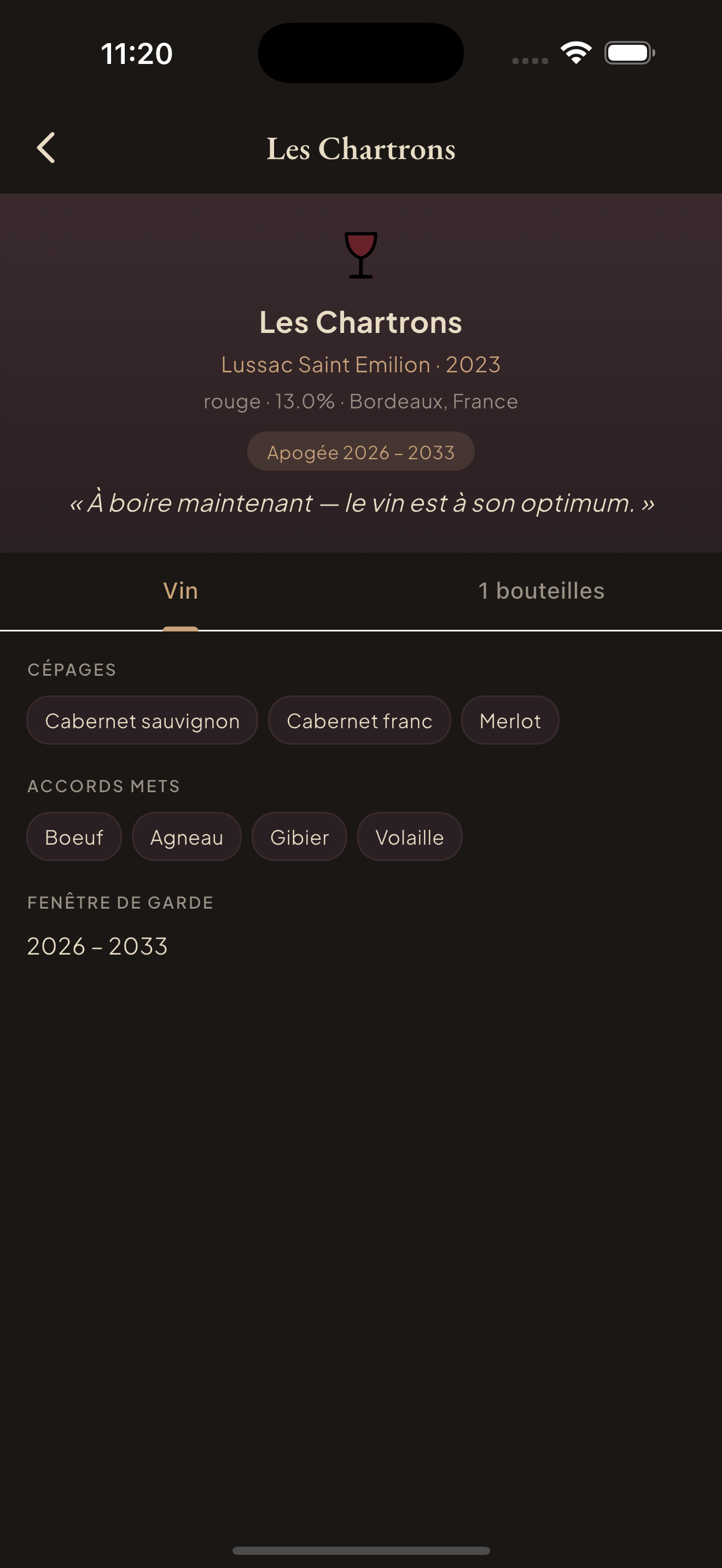 Détail d'un vin avec apogée et fenêtre de garde