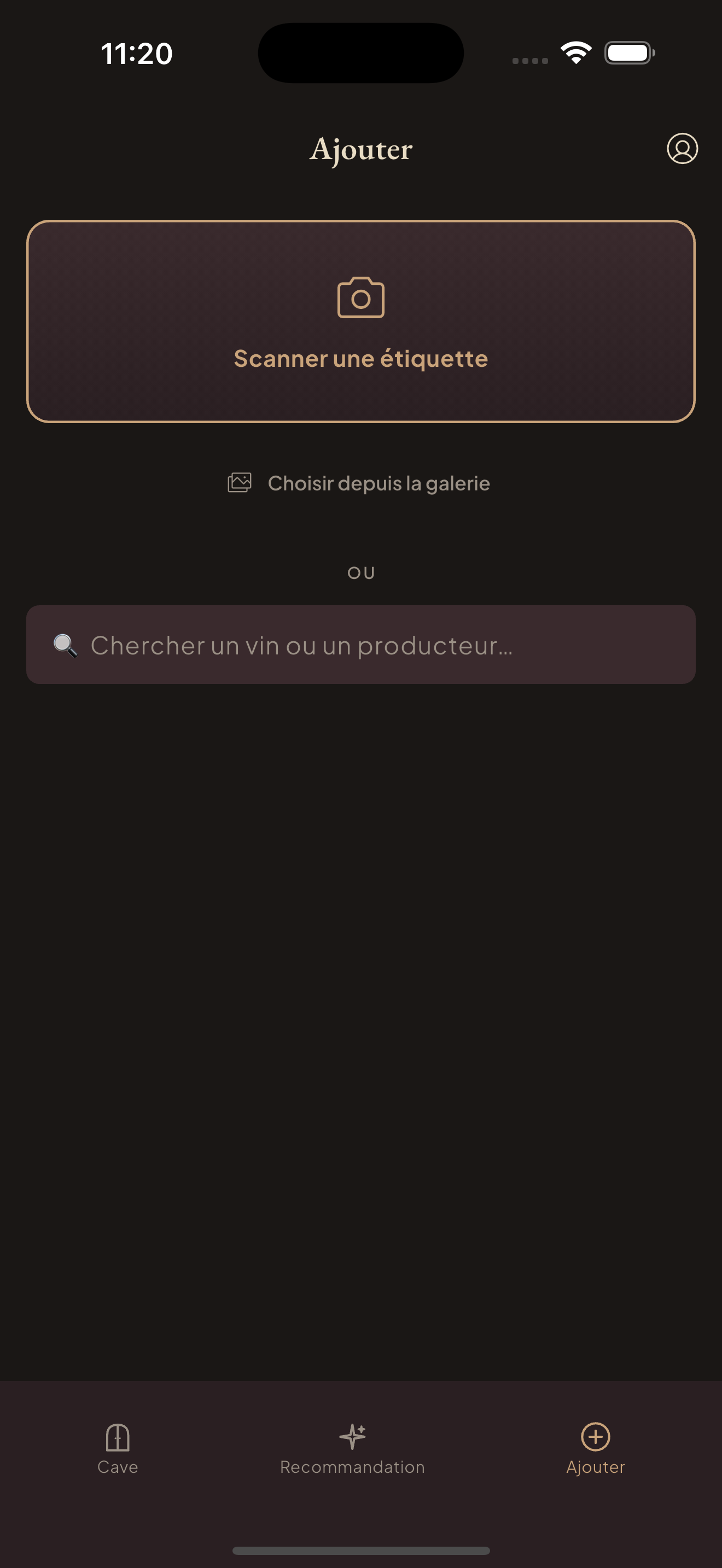 Page Ajouter — scanner une étiquette ou rechercher un vin