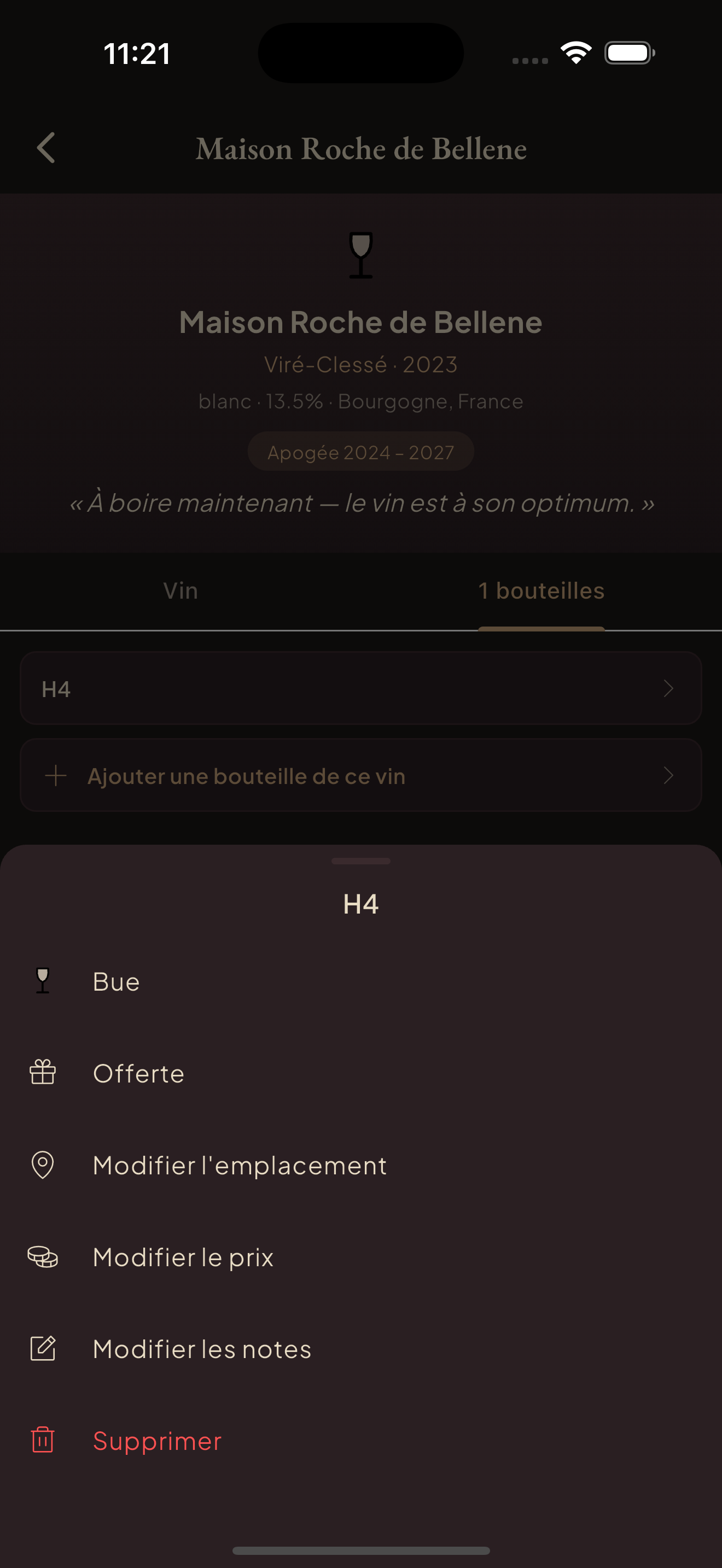 Actions sur une bouteille (bue, offerte, emplacement…)